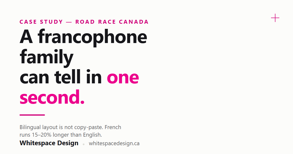Title card reading "A francophone family can tell in one second." — case study for Road Race Canada