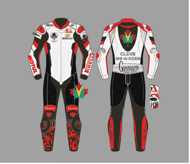 Clive Ng-A-Kien race suit — front, back and glove