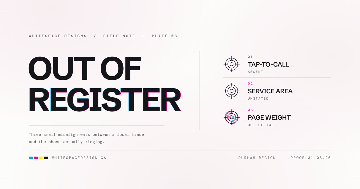 Press plate: three registration targets labelled tap-to-call, service area and page weight, the third one printed out of register